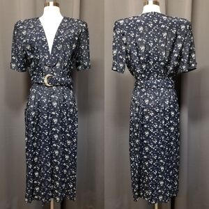 Vintage 80s Retro Cottagecore Ditsy Floral Belted Midi Dress L‎
